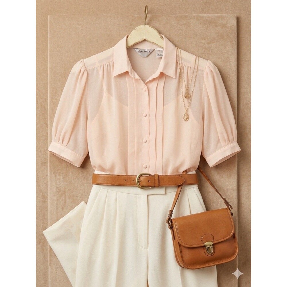 VTG 80s 90s Objectives Baby Pink Secretary Blouse Pleated Puff Sleeve Button Up